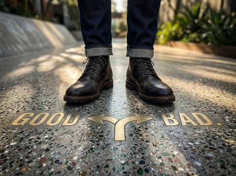 Man standing at a fork in the road with choices labeled good and bad