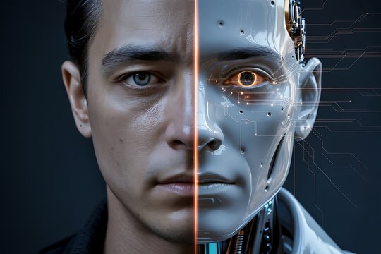 Cyborg, human machine interface, robotic face, futuristic technology, artificial intelligence concept