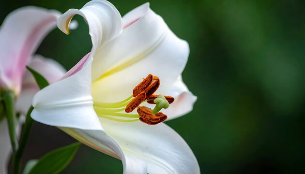 Close-up of a White Lily Flower with Brown Stamens.