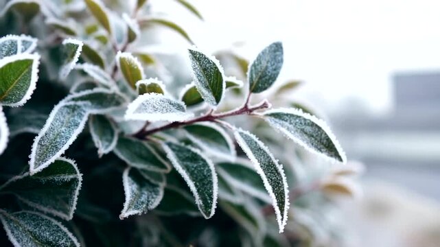 Frost-covered leaves glistening in winter morning light