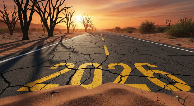 Distant road with cracking asphalt and 2026 year painted on its surface, showcasing future challenges and the road ahead in a desert environment