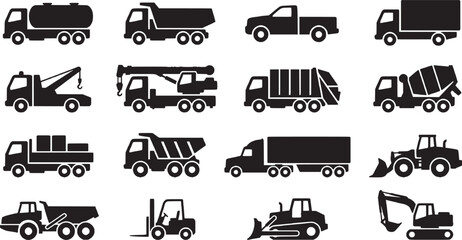 Collection of black heavy duty industrial vehicle silhouettes for construction and freight logistics work © MD