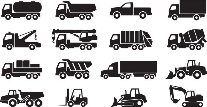 Collection of black heavy duty industrial vehicle silhouettes for construction and freight logistics work