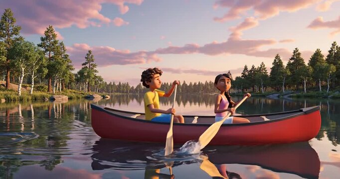 Couple paddling canoe on serene lake.