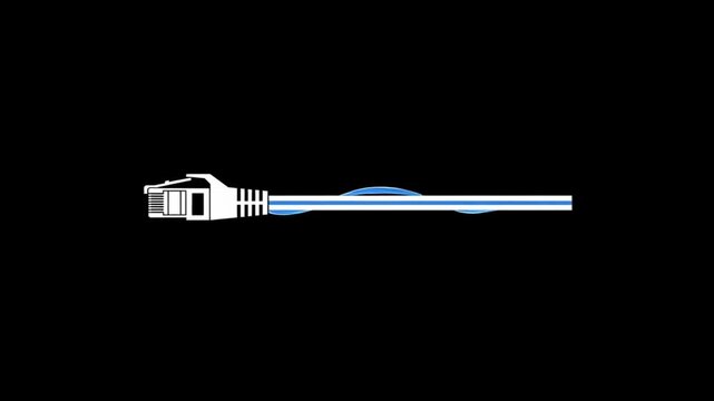 A close-up illustration of a white Ethernet cable with a blue liquid flowing along its length against a black background.