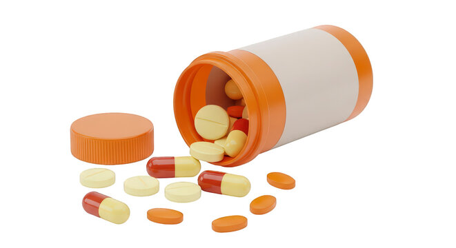 A 3d rendering of an orange and white prescription bottle lying on its side with the cap off and pills spilling out onto a white surface isolated on transparent background