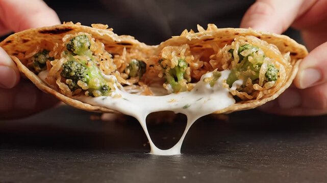 Delicious Broccoli and Cheese Taco Being Pulled Apart Showing Melted Cheese.