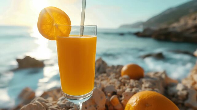 A refreshing orange juice served in a clear glass with an orange slice on a beautiful beach setting.