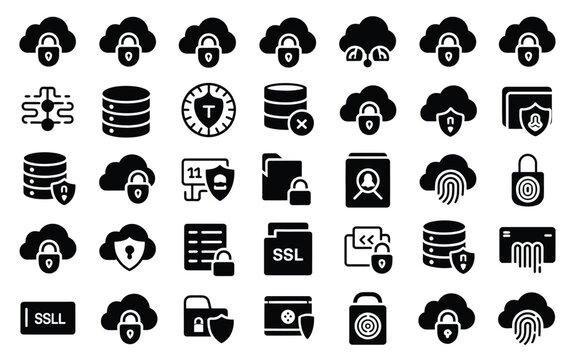 Black and white collection of cloud computing icons including databases padlocks and ssl symbols for cybersecurity
