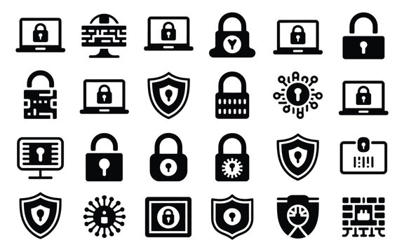 Collection of padlock shield and computer icons symbolizing cyber security and digital protection concepts
