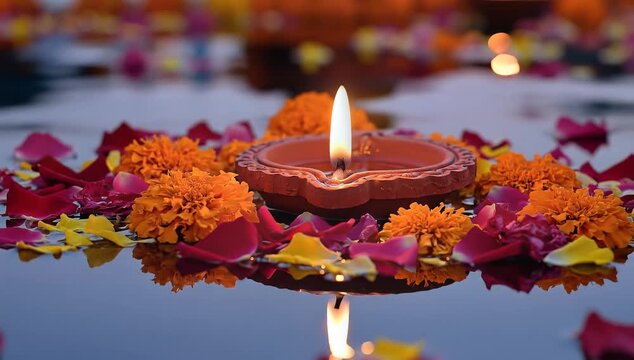 Floating Diya with Flowers on River Water for Ganga Dussehra