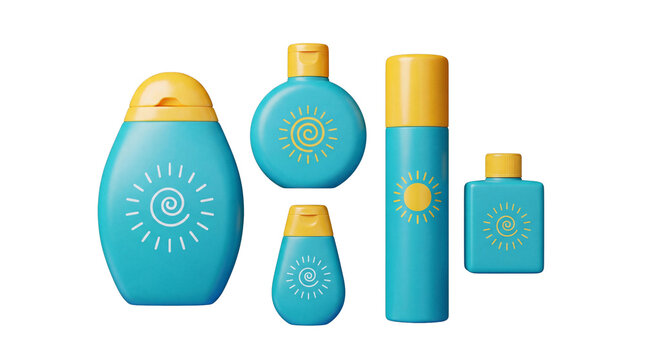 Sunscreen cosmetic bottle set isolated on transparent background blue and yellow packaging sun protection skincare collection summer beauty products
