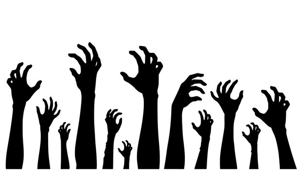 Halloween zombie hand silhouette set with spooky reaching arms rising from ground in horror vector style