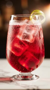 Pouring sparkling red cocktail with ice cubes and lime garnish into a tall glass, refreshing drink in a bar setting