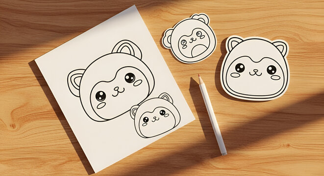 Cute monkey faces drawn on paper with a pencil, simple line art stickers on wooden table, kawaii illustration