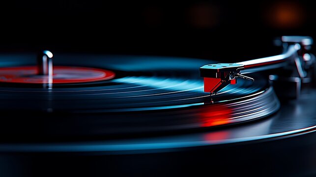 Close up of a spinning vinyl record on a turntable with a red needle reflecting light