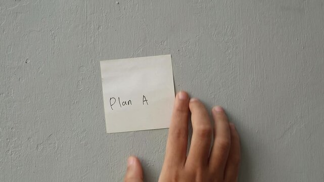Hand placing a 'Plan A' sticky note on a grey textured wall for business strategy and goal setting.