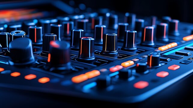 Close-up of a DJ mixer with glowing blue and orange lights