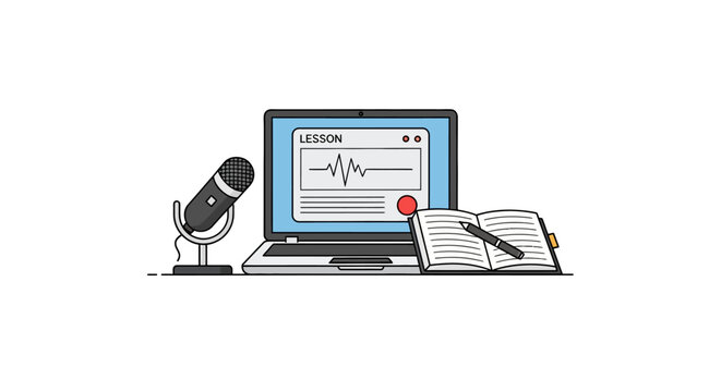 Laptop with microphone and notebook.