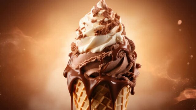 Close-up of chocolate ice cream with fudge drizzle in a cupcake wrapper.
