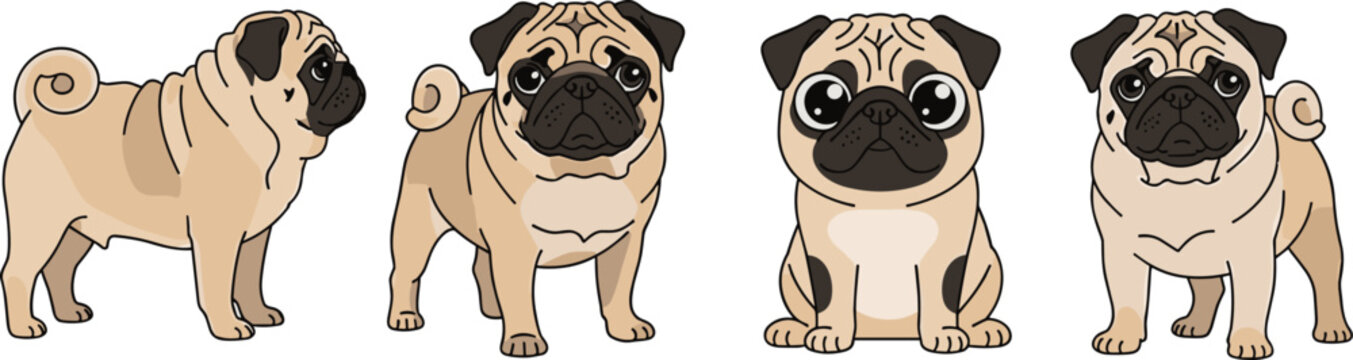 Cute Pug Dog Cartoon Characters Set with Adorable Puppy in Different Poses and Expressions for Kids Illustration, Pet Design, Stickers and Mascots