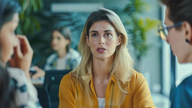 A businesswoman in a meeting room looking at some documents, seemingly deep in thought or concentration.