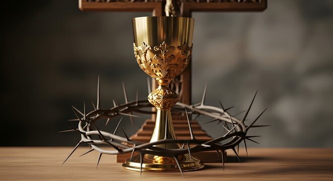Sacred Golden Crucifix with Crown of Thorns on Wooden Base.