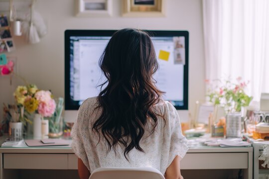 Woman working on a pc computer at home