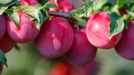 Close-up shot of plums on tree, vibrant and fresh, ready for harvest