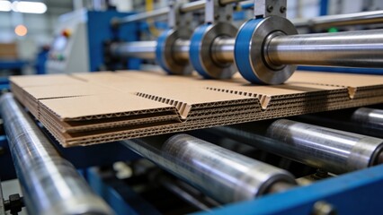 Naklejka premium Cardboard sheets on a conveyor belt in a manufacturing facility. The scene showcases industrial machinery and production processes.