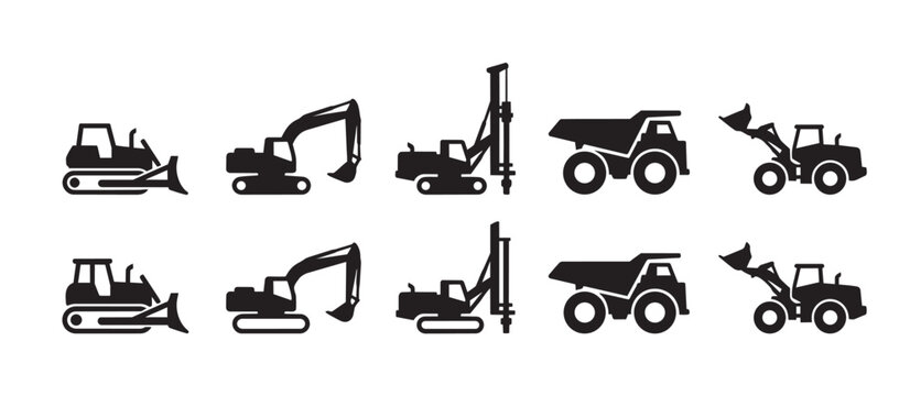 A clean set of black silhouette icons featuring various construction vehicles like bulldozers, excavators, dump trucks, and front loaders on a white background.