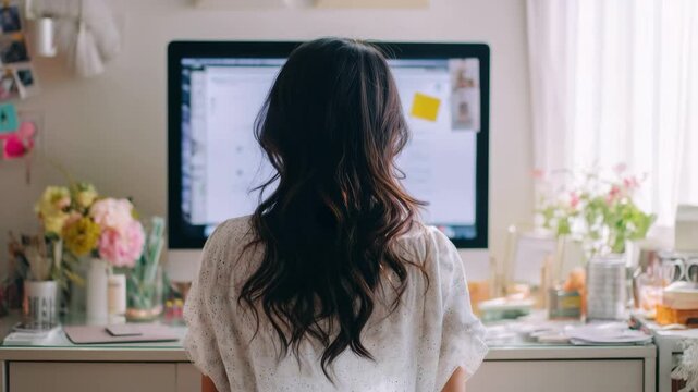 Woman working on a pc computer at home