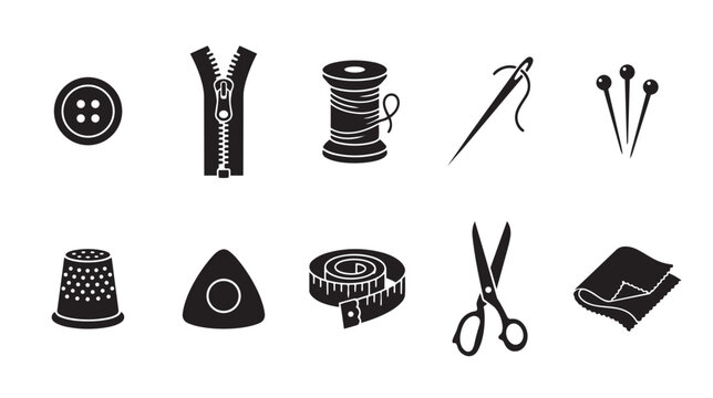 Collection of black silhouette icons representing various sewing and tailoring tools, including a button, zipper, thread, needle, pins, thimble, chalk, tape measure, scissors, and fabric.