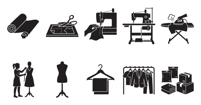 This black and white icon set depicts various stages of garment creation and fashion industry processes, including fabric, cutting, sewing, ironing, tailoring, and packaging.