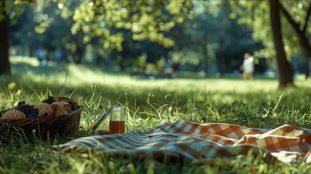People enjoying a peaceful outdoor picnic in the park with a fruit basket and wine glasses.