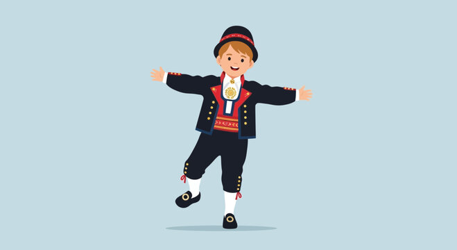 Young boy in traditional Norwegian bunad costume dancing