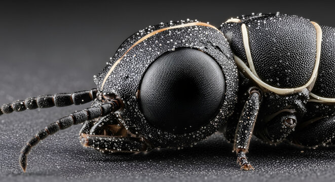Extreme closeup of a black beetle's head and thorax on a textured dark surface, showing intricate details and natural patterns