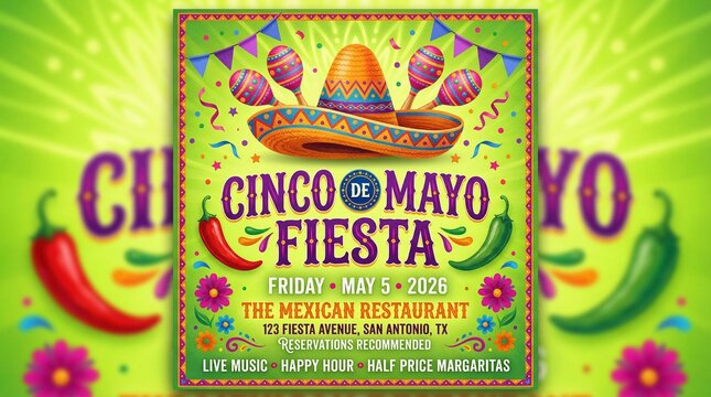 Cinco de Mayo 2026 Fiesta Flyer Template, Mexican Celebration Poster with Sombrero, Maracas, and Chili Peppers, Vector Event Invitation for Restaurant Party