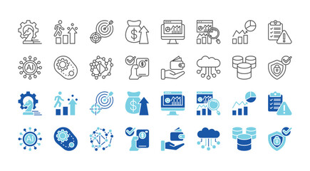 Obraz premium modern business technology icon collection. containing strategy, growth, target, profit, dashboard, analytics, chart, report, ai, automation, algorithm, payment, wallet, cloud, database, security.