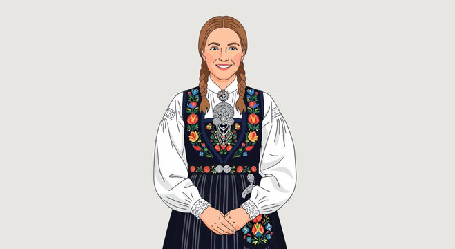 Norwegian woman in traditional bunad costume, illustration