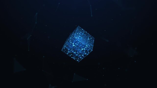 Looped Animation With Connected Blockchain Cubes Forming a Large Cube. DeFi technology, blockchain network and distributed cryptocurrency fintech solution concept on abstract blue background.