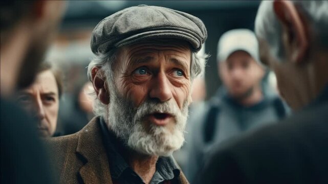 Veteran actor in outdoor setting with crowd of people.