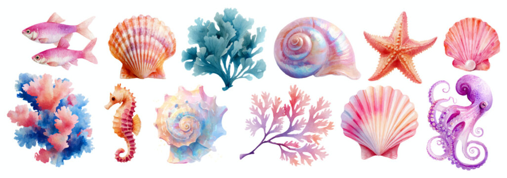 Cute cartoon marine animals and coastal elements collection. Whale, turtle, jellyfish, seahorse with corals, shells in hand-drawn illustration style for summer projects.
