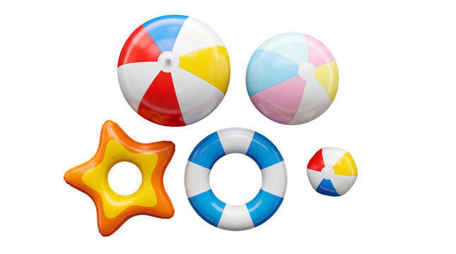 Assortment of colorful inflatable beach and pool toys, including balls, a star float, and a ring, for summer.