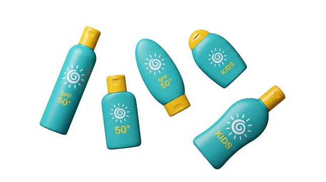 Various sunscreen bottles with SPF 50+ and kids protection 3D render isolated on transparent background.