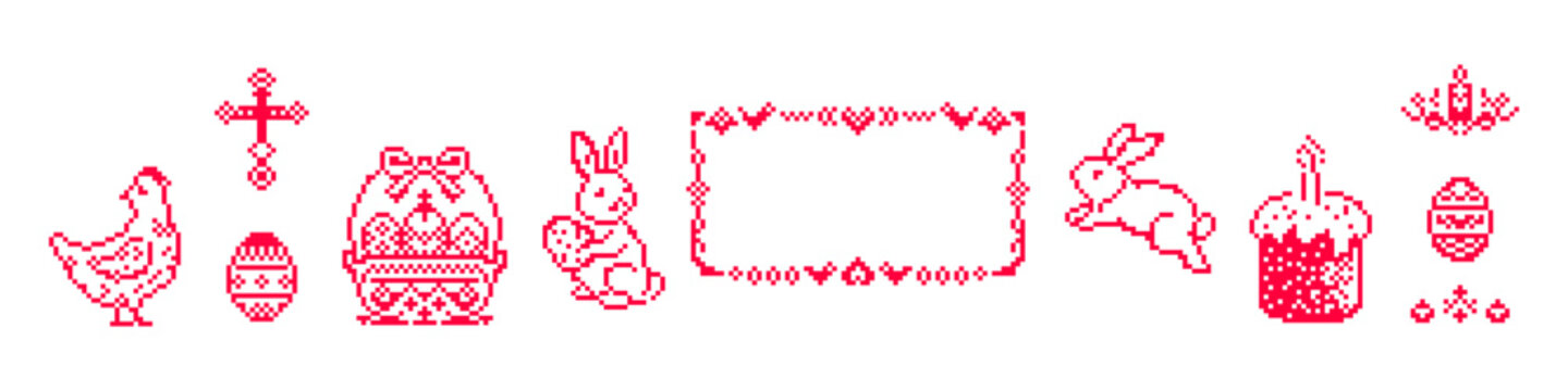 Easter pixel art icons set. Folk cross stitch style bunny, easter egg, chicken, Easter basket with eggs, Easter cake, cross, candle. Ethnic pattern border frame isolated on transparent bg. Vector