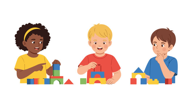 Three children of different ethnicities are sitting together at a table, happily playing and building various structures with colorful wooden blocks.