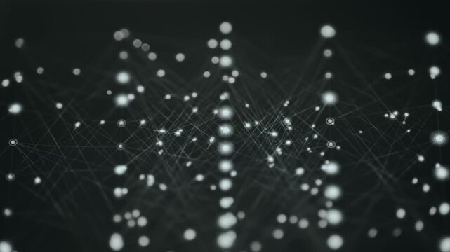 Digital AI processing pipeline animation with glowing nodes