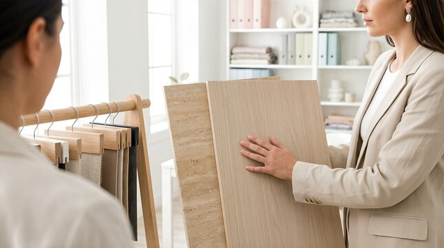 Two women discussing interior design materials in a bright studio, one holding a wooden panel while the other observes, shelves of fabric swatches in the background