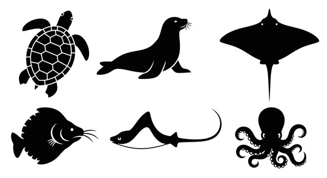 Marine Animals Silhouettes Set: Sea Turtle, Seal, Manta Ray, Fish, and Octopus Icons